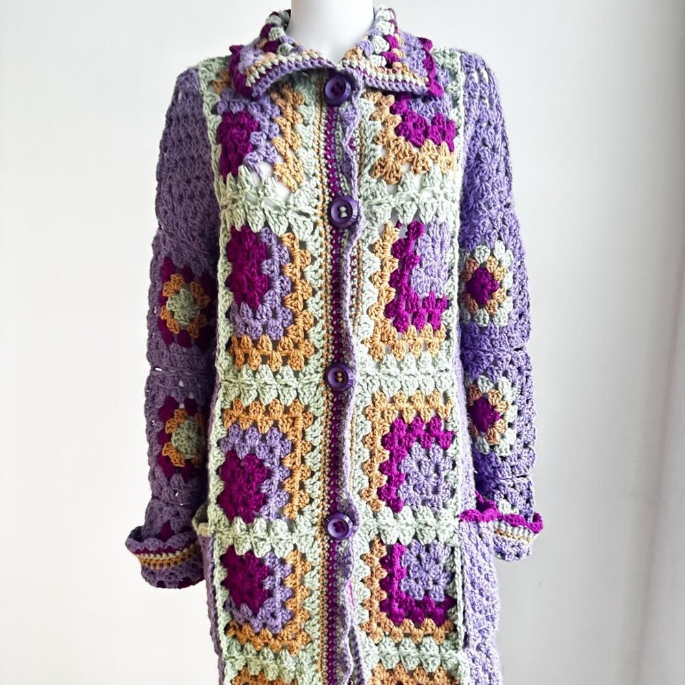 Handmade Lilac Colourful Granny Squares Crochet Long Cardigan L - Picture 3 of 7